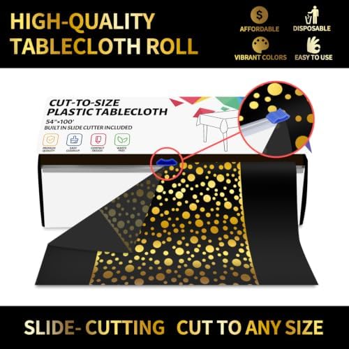 CXPSINC 54 Inch X 100 Feet Plastic Table Cover Roll Disposable Tablecloth with Slide Cutter for All Type/Shape Tables | Party, Banquet, Birthdays, Weddings(Black Golden Dot, 100 Feet)