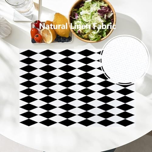 Batmerry Black White Diamond Linen Placemats Set of 6, Art Black and White Harlequin Washable Table Mats for Kitchen Table Thickened Heat Insulation Dining Set Indoor Outdoor 12X18 in