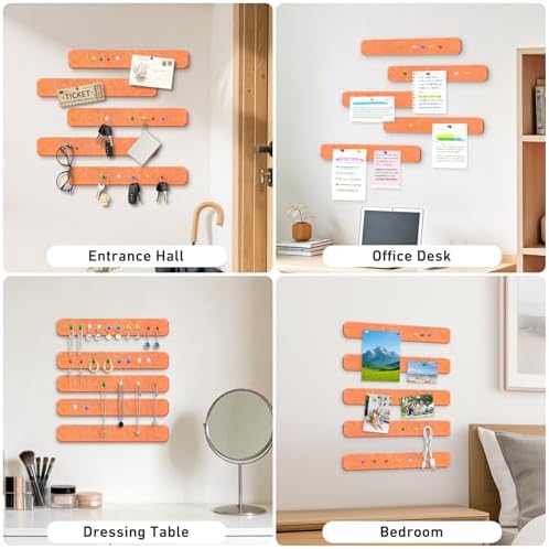 HAUTOCO Felt Bulletin Strips 5 Pack, 13" x 2" Self Adhesive Pin Board with 20 Push Pins, Peel and Stick Memo Board for Photos, Notes & Wall Decor, Dorm Room, Bedroom, Office, Sunset Yellow