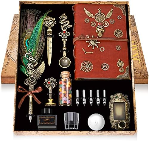 Quill Pen and Ink Set, With Notebook Wax Seal Stamp Kit, Calligraphy Set for Writing Lovers, Valentine's Day and Birthday Gifts, Ideal for Holidays(Peacock Feather)