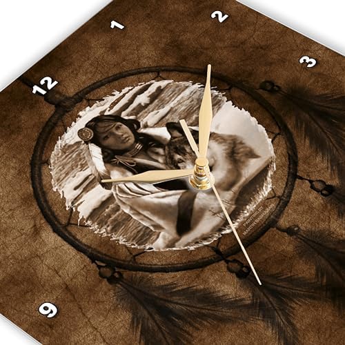 3dRose DPP_52256_3 Brown Native American Wolf Based on a Painting by Martin Basmajian Wall Clock, 15 by 15-Inch