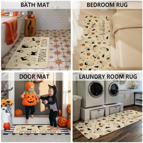 Ghost Black Cat Halloween Kitchen Rugs and Mats Set of 2, (17"x47"+17"x30") Gothic Cute Spooky Season Pumpkin Trick Or Treat Non Skid Washable Runner Rugs for Home Decor Decorations and Accessories