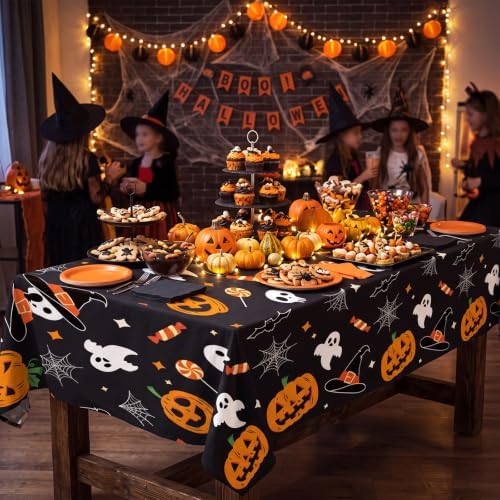 CXPSINC 54 Inch X 100 Feet Plastic Table Cover Roll Disposable Halloween Tablecloth with Slide Cutter Pumpkin Ghost Plistic Table Covers for Halloween Party Decorations((Pumpkin Ghost, 100 Feet)