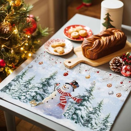 Snowman Placemats Set of 6, Blue Merry Christmas Tree Red Balls Squirrel Heat Resistant Washable Table Place Mats Winter Cotton Table Linens Party Holiday Decor for Kitchen Dining Outdoor Indoor