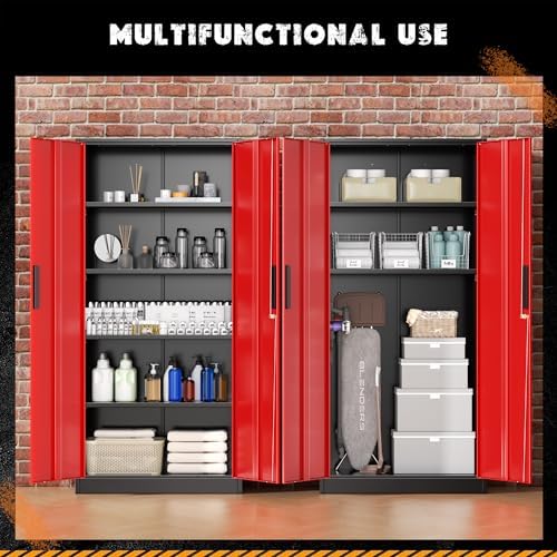 Greenvelly Metal Garage Storage Cabinet with Lock, 72" Metal Storage Cabinet with 2Doors and 4Adjustable Shelves, Steel Tool Cabinet for Home Office, School,Gym (Black&Red)