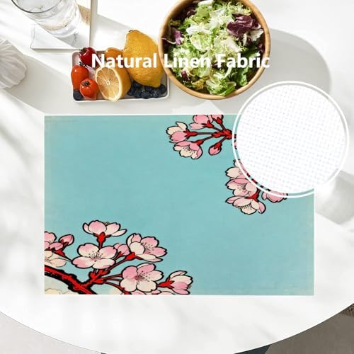 Batmerry Shabby Chic Cherry Blossom Linen Placemats Set of 4, Red Black Cherry Branch Washable Table Mats for Kitchen Table Thickened Heat Insulation Dining Set Indoor Outdoor 12X18 in