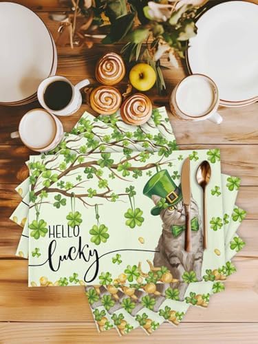 Lucky Cat St. Patrick's Day Placemats Set of 4, Green Spring Shamrocks Tree Heat Resistant Washable Dining Table Mats Spring Holiday Farmhouse Decor for Kitchen&Table Linens Outdoor Indoor,