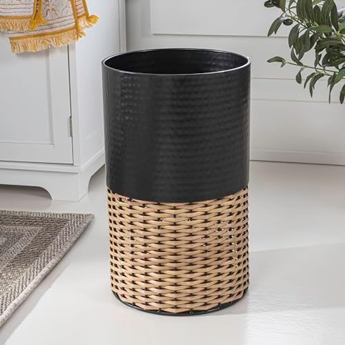 happimess Asher 4.13 Gal Faux Wicker Cylinder Waste Basket, Black/Natural