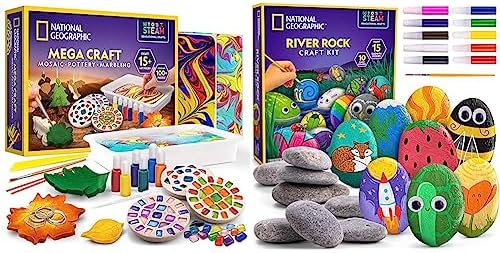 NATIONAL GEOGRAPHIC Arts & Crafts Kit - Mosaic, Marbling Paint, Air Dry Clay & 15 River Rocks to Paint & Decorate