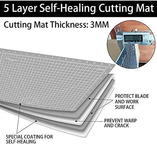 Headley Tools 18"x12" Thickened Self Healing Cutting Mat, A3 Rotary Cutting Sewing Mat for Crafts, Double Sided 5-Ply Table Cutting Board for Fabric Quilting Leather Hobby Project, Grey/Black