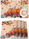 Fall Placemats Set of 6,Cotton Linen Heat Insulation Thanksgiving Harvest Pumpkin Farmhouse Truck Placemat for Holiday Banquet Dining Kitchen Table Decor
