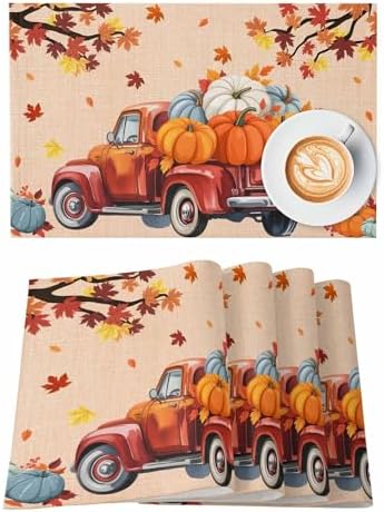 Fall Placemats Set of 6,Cotton Linen Heat Insulation Thanksgiving Harvest Pumpkin Farmhouse Truck Placemat for Holiday Banquet Dining Kitchen Table Decor