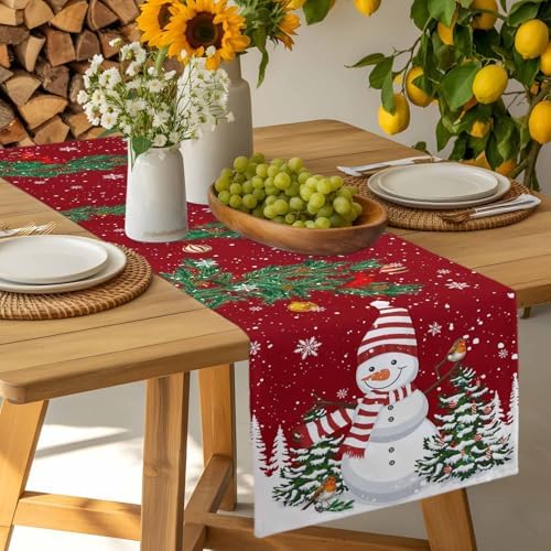 Christmas Cartoon Snowman Table Runner Dresser Scarf 13 x 36 Inch Holly Bird Pine Tree Snow Red Table Runners Non-Slip Heat Resistant Kitchen Dining Table Decor for Winter Holidays Indoor Outdoor