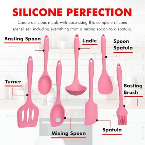 Chef Craft - Premium Silicone Kitchen Tools and Utensils Set, Non-Scratch, Withstands Temperatures up to 450°F, BPA-Free, 7 Piece Cooking Utensils Set, Pink