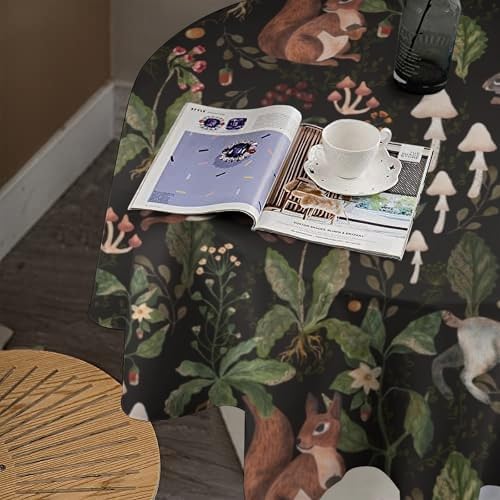 Cartoon Woodland Tablecloth, Watercolor Rustic Forest Wild Animals Bunny Rabbit Squirrel Mushroom Plants Print Table Cloth for Indoor Outdoor Dining Table Party Picnic Decor, 60x60in