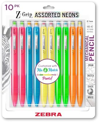 Zebra Pen Z-Grip Mechanical Pencil, 0.7mm #2, Assorted Neon Barrels, 10-Pk