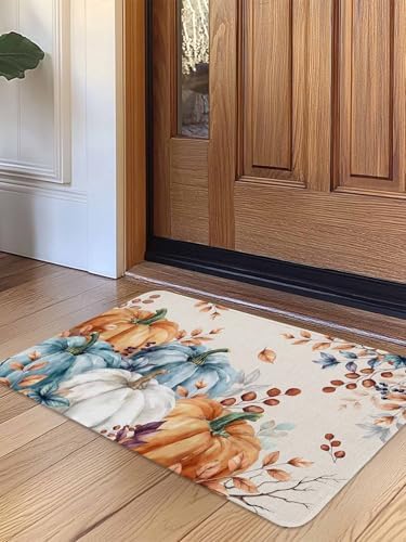 Fall Door Mat Orange Blue Pumpkin Doormat Autumn Floral Maple Leaves Harvest Thanksgiving Welcome Mat Non Slip Rubber Entryway Front Rug Floor Mat for Indoor Outdoor Kitchen Autumn Holiday Decor 20x32