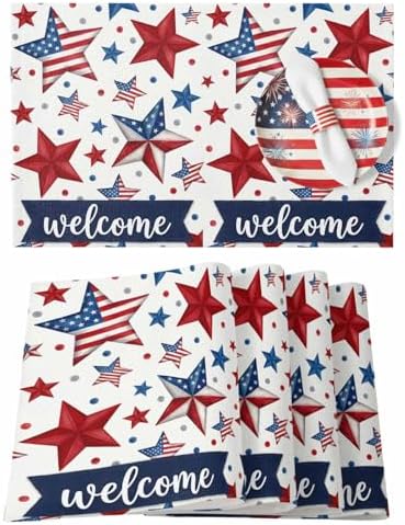 4th of July Placemats Set of 4, Patriotic Stars USA Flag Place Mats Independence Day Dining Table Mats Holiday Party Memorial Day Decor for Kitchen&Linens Outdoor Indoor, Red White and Blue