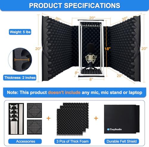 TroyStudio Large Microphone Isolation Shield, Foldable Vocal Booth Reflection Filter, 2 Inches Thick Acoustic Foam Panel Music Sing Podcast Recording Studio Adjustable Sound Box for Desk & Laptop