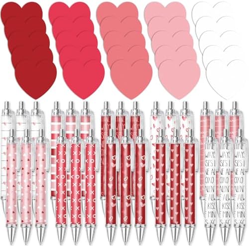 JarThenaAMCS 60Pcs Valentine's Day Sticky Notes with Ballpoint Writing Pens Pink Red White Heart Stationery Set Appreciation Gifts for Students Home Office Classroom Party Favors