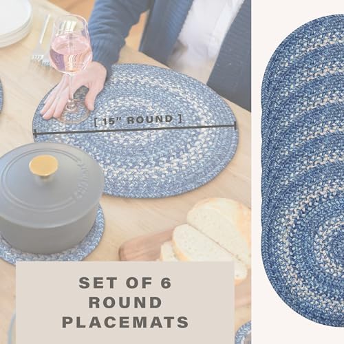 Homespice Denim Braided Placemats for Coastal Decor, Round 15" Set of 6