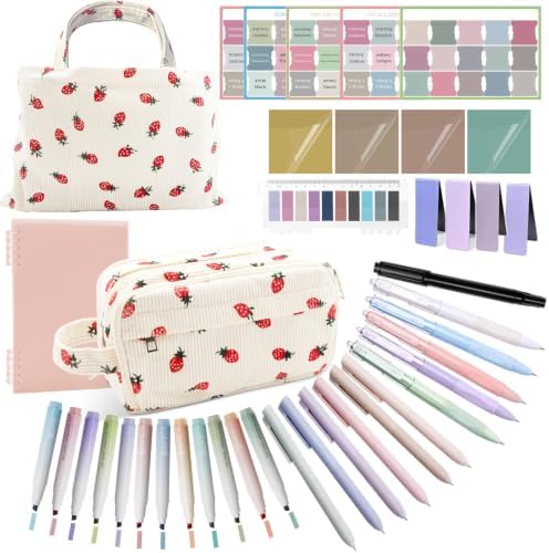 Bible Study Supplies, 50 Pack Bible Journaling Kit for Women with Tabs, Highlighter Set,Notebook , Pen Case and Storage Bag,No Bleed Annotation Kit for Christian Gifts (50PCS, Red Strawberry)