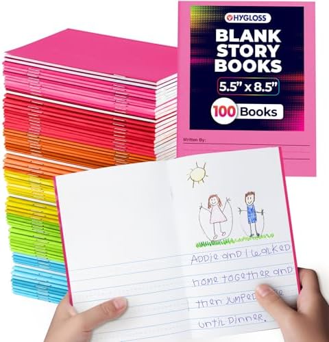 Hygloss Half Blank Books for Kids to Write Stories & Illustrate – Bulk 100 Pack – 5.5" x 8.5" A5 Primary Journal for Grades K-2, Preschool/Kindergarten Notebook with Picture Space – 24 Pages, Colored