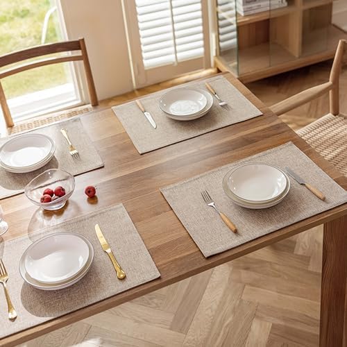 Demetex Linen Placemats Set of 4 Heat Resistant Cloth Place Mats Wipeable Fabric Placemats for Dining Table Indoor Restaurants, 13 x 19 inches, Linen