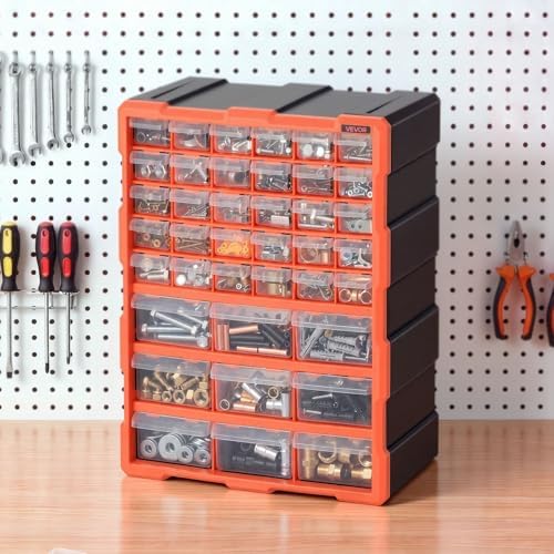 VEVOR 39-Drawer Storage Organizer, Plastic, Drawer Storage Cabinet for Garage Organization, Stackable Small Parts Organizer, Wall-Mounted Toolbox, for Hardware, Beads, Screws, Crafts, Building Bricks
