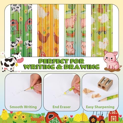 Fainne 72 Pieces Assorted Pencils for students with Eraser, Farm Animal Cute Sheep Pig Novelty Fun Wooden Pencils for Students Reward Prize Classroom Party Favors