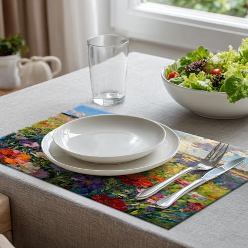 Batmerry Claude Monet Artwork Placemats, Garden Painting Flowers Red Poppies Washable Linen Table Mats for Kitchen Table Double Insulation Decor Dining Set Indoor Outdoor 12X18 in Set of 8