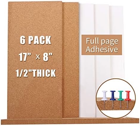Cork Bulletin Board 17"x8" - 1/2" Thick Cork Board Tiles Frameless Cork Tiles, Self-Adhesive Corkboards Wall Decor with a Box Bonus Pushpins (6pack) for Office, School and Home