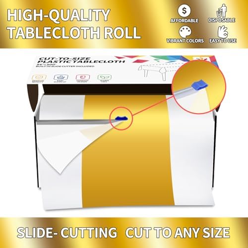 CXPSINC 54 Inch X 300 Feet Plastic Table Cover Roll Disposable Tablecloth with Slide Cutter for All Type/Shape Tables | Party, Banquet, Birthdays, Weddings(White & Glod, 300 Feet)