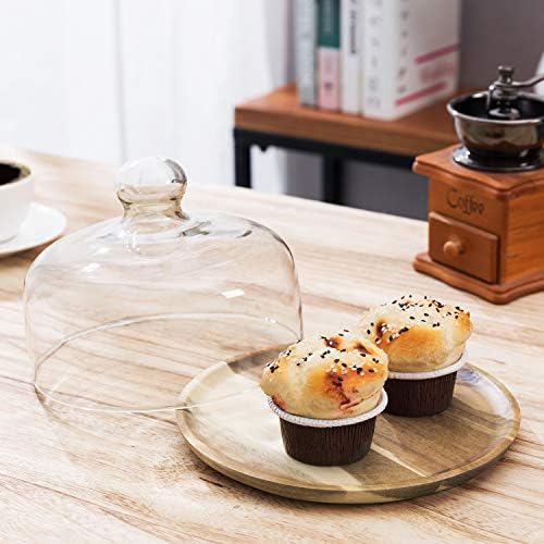 MyGift 7.5 Inch Glass Cloche Dome Dessert Tray with Acacia Wood Base
