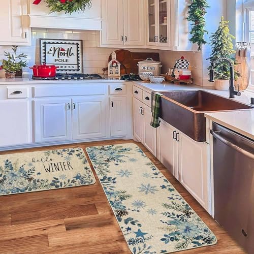 Baccessor Blue Poinsettia Winter Kitchen Mats Set of 2, Snowflakes Floral Kitchen Rugs for Floor Non Slip Absorbent Winter Holiday Farmhouse Christmas Decor 17x29 and 17x47 Inch