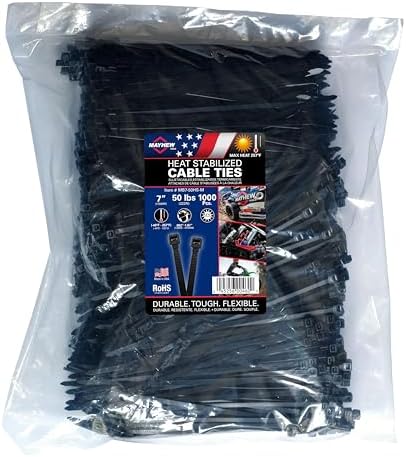 Mayhew Tools MB7-50HS-M Heat Stable Cable Ties, 7" 50 lbs. Tensile Strength, 1000-Pack, Black