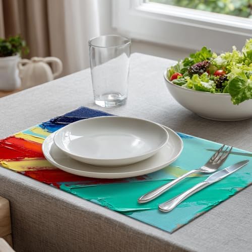 Batmerry Abstract Art Painting Linen Placemats Set of 8, Modern Colorful Texture Artwork Blue Washable Table Mats for Kitchen Table Thickened Heat Insulation Dining Set Indoor Outdoor 12X18 in