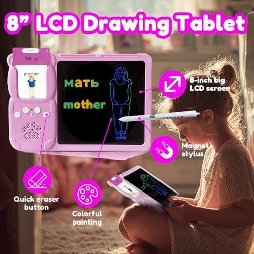 Writing Tablet with Bilingual Flash Cards for Kid, Russian, Pink