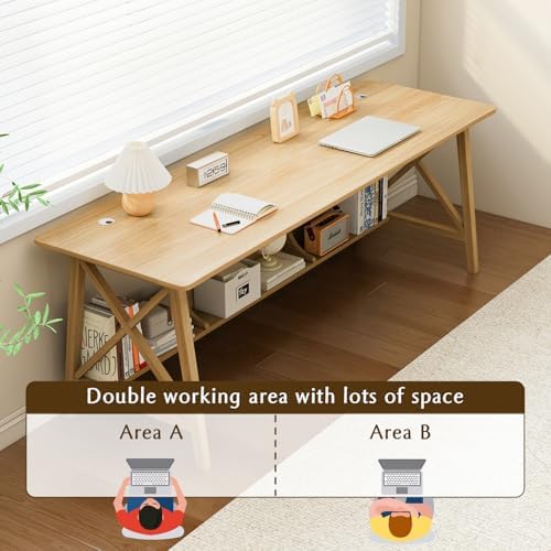 NELYE Extra Long Writing Desk with Bookshelf, 47" Wx16 Dx30 H, Oak