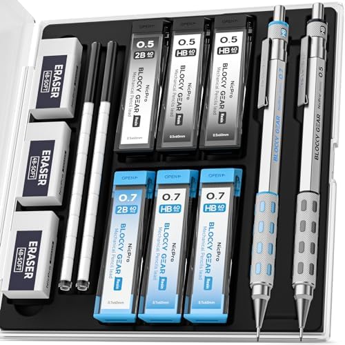 Nicpro Blocky Gear 0.5 mm & 0.7 mm Mechanical Pencils Set in Case