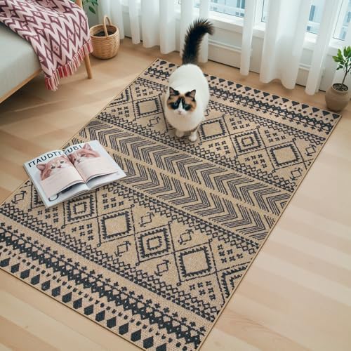 Lahome Boho 3x5 Entryway Front Porch Rug, Black Washable Outdoor Patio Rug
