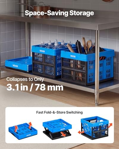 VEVOR Plastic Collapsible Storage Bins, 25L 3 Packs, Stackable Folding Storage Crates with Handles, Holds 22 lbs Per Bin, Foldable Heavy Duty Containers, Space-Saving Baskets, for Home Organizing
