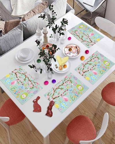 Happy Easter Placemats Set of 6, Spring Floral Bunny Rabbit Ear Eggs Heat Resistant Dining Table Mats Holiday Farmhouse Decor for Kitchen&Linens Outdoor Indoor, Pink Flower Branch Green Leaves