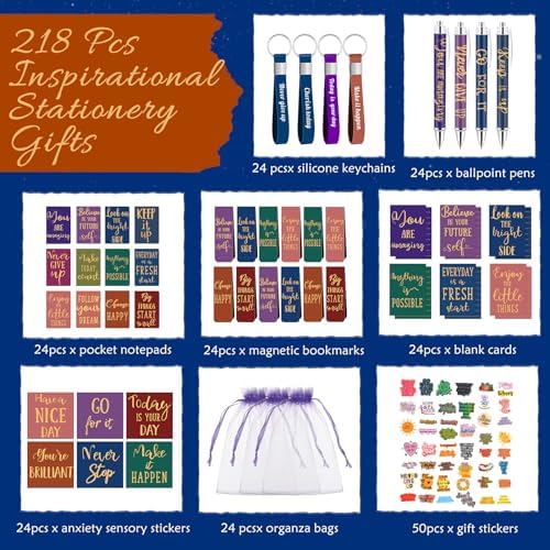 Pasimy 218 Pcs Inspirational Stationery Gifts Motivational Mini Notepad Pen Quote Bookmarks Stress Relief Stickers Inspiring Silicone Keychains for Home Office Appreciation Gift(Bright)
