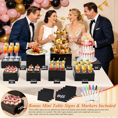 8Pcs Black Acrylic Buffet Risers with Mini Sign and Marker, Black Acrylic Risers for Party Catering Dessert Jewelry Collectibles with Hollow Bottoms Nesting Cube Box (9.5" 9" 8" 7.5" 6.8" 6" 5" 5")