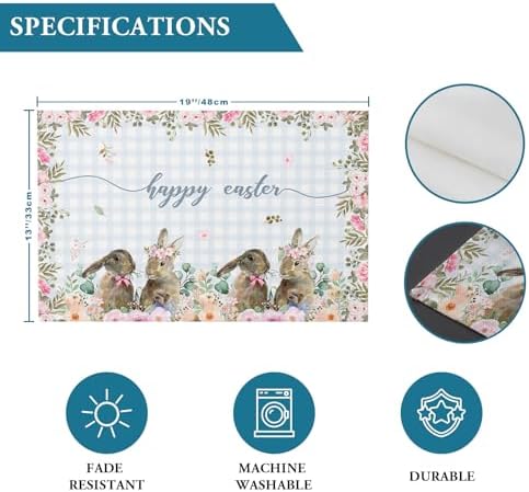 Rabbits Flowers Easter Placemats Set of 6, Eucalyptus Leaf Spring Heat Resistant Washable Dining Table Mats Grey White Buffalo Plaid Farmhouse Holiday Decor for Kitchen&Table Linens Outdoor Indoor
