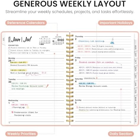 Taja Planner 2026-2027, 6.3" x 8.5" Calendar Planner, Jul 2026-Jun 2027 | A5 Hardcover Weekly & Monthly Academic Year Planner, Large Planning Agenda With Tabs, School & Office Supplies, Pink