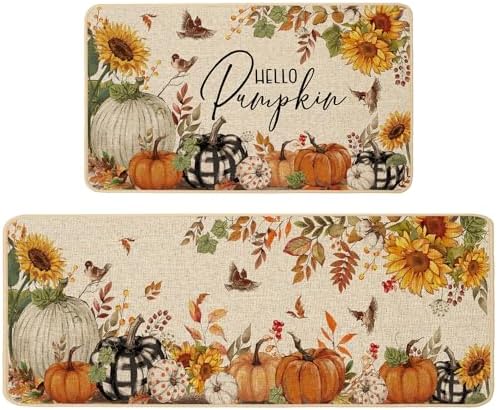 Baccessor Fall Kitchen Rugs Set of 2, Pumpkin Sunflower Kitchen Mats for Floor Washable Low-Profile Farmhouse Autumn Holiday Home Indoor Outdoor Decor 17x29 and 17x47 Inch