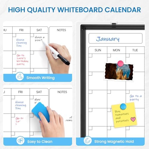 Whiteboard Calendar 36x24 Magnetic Dry Erase Board for Wall, Black