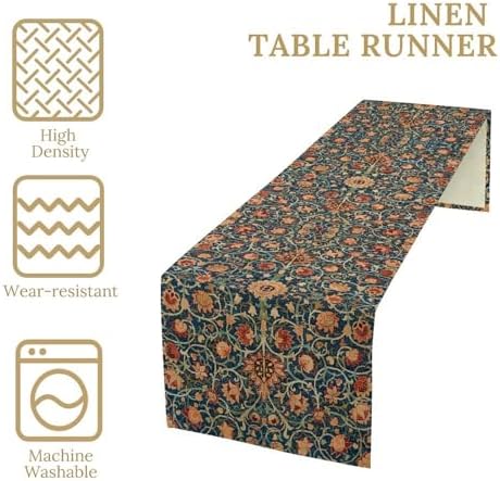 William Morris Table Runner, Boho Rustic Ethnic Flower Original Design Print Table Runner for Home Party Dining Room Kitchen Decor 13x108 Inch